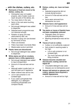 Page 21en21
...
 with the dishes, cutlery , etc.
Remnants of food are stuck to the
dishes, cutlery , etc.
Dishwasher was not loaded properly. Jets of water could not
reach all parts of the dishes, etc.
T oo many items in the rack.
Items in the rack were touching each other .
Not enough detergent was added to dispenser .
Selected wash programme was not intensive enough.
Rotation of spray arm was obstructed by dish, etc.
Nozzles in spray arm are blocked by remnants of food.
Filters are blocked.
Filters have been...