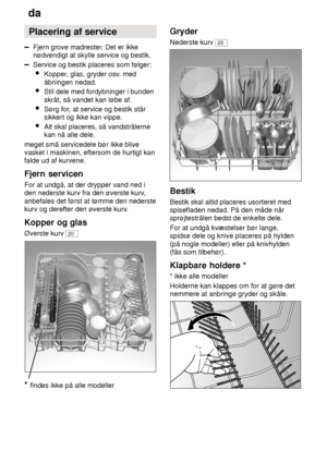 Page 12da
12 Placering
 af service
Fjern grove madrester . Det er ikke
nødvendigt at skylle service og bestik.
Service og bestik placeres som følger:
 Kopper , glas, gryder osv . med
åbningen nedad.
 Stil dele med fordybninger i bunden skråt, så vandet kan løbe af.
 Sørg for , at service og bestik står
sikkert og ikke kan vippe.
 Alt skal placeres, så vandstrålerne kan nå alle dele.
meget små servicedele bør ikke blivevasket i maskinen, eftersom de hurtigt kanfalde ud af kurvene. Fjern  servicen
For  at undgå,...