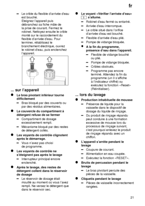 Page 21fr21
Le crible du flexible darriv‡e deau est bouch‡.Eteignez lappareil puis  la prise de courant. Fermez lerobinet. Nettoyez ensuite le crible mont‡ sur le raccordement du flexible darriv‡e deau. Pourterminer , r‡tablissez le
branchement ‡lectrique, ouvrezle robinet deau, puis enclenchezlappareil.
...  sur lappareil
Le  bras pivotant inf‡rieur tourne
difficilement
Bras bloqu‡ par des couverts ou par des r‡sidus alimentaires.
Le couvercle du compartiment ƒ d‡tergent refuse de se fermer
Compartiment de...