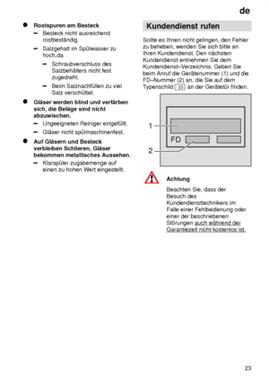 Page 23de23
Rostspuren am Besteck
Besteck nicht ausreichend rostbest‚ndig.
Salzgehalt im Sp˜lwasser zu hoch,da
Schraubverschluss des Salzbeh‚lters nicht festzugedreht.
Beim Salznachf˜llen zu viel Salz versch˜ttet.
Gl‚ser werden blind und verf‚rben sich, die Bel‚ge sind nicht abzuwischen.
Ungeeigneten Reiniger eingef˜llt.
Gl‚ser nicht sp˜lmaschinenfest.
Auf Gl‚sern und Besteck verbleiben Schlieren, Gl‚ser bekommen metallisches Aussehen.
Klarsp˜ler zugabemenge auf einen zu hohen W ert eingestellt. Kundendienst...