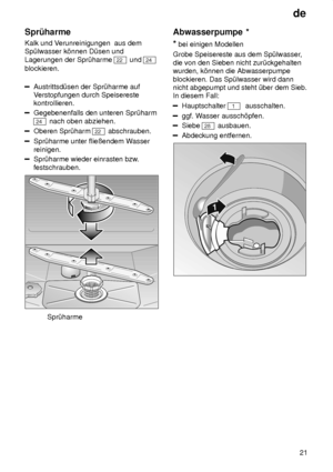 Page 21de21
Spr˜harme Kalk und V
erunreinigungen  aus dem
Sp˜lwasser k’nnen D˜sen und Lagerungen der Spr˜harme 
22  und 24
blockieren.
Austrittsd˜sen der Spr˜harme auf V erstopfungen durch Speisereste
kontrollieren.
Gegebenenfalls den unteren Spr˜harm
24  nach oben abziehen.
Oberen Spr˜harm 22 abschrauben.
Spr˜harme unter flieûendem W asser
reinigen.
Spr˜harme wieder einrasten bzw .
festschrauben.
Spr˜harme Abwasserpumpe
 *
*  bei einigen Modellen
Grobe Speisereste aus dem Sp˜lwasser ,
die von den Sieben nicht...