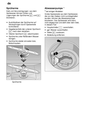 Page 18de
18
Spr˜harme Kalk und V
erunreinigungen  aus dem
Sp˜lwasser k’nnen D˜sen und Lagerungen der Spr˜harme 
22  und 24
blockieren.
Austrittsd˜sen der Spr˜harme auf V erstopfungen durch Speisereste
kontrollieren.
Gegebenenfalls den unteren Spr˜harm
24  nach oben abziehen.
Oberen Spr˜harm 22 abschrauben.
Spr˜harme unter flieûendem W asser
reinigen.
Spr˜harme wieder einrasten bzw .
festschrauben.
Spr˜harme Abwasserpumpe
 *
*  bei einigen Modellen
Grobe Speisereste aus dem Sp˜lwasser ,
die von den Sieben nicht...