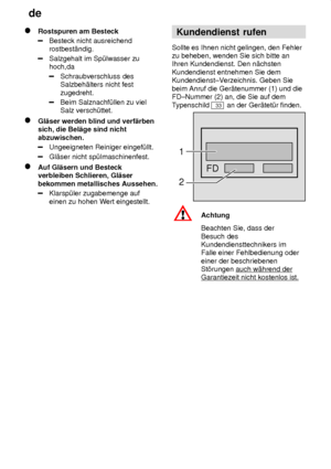 Page 22de
22
Rostspuren am Besteck
Besteck nicht ausreichend rostbest‚ndig.
Salzgehalt im Sp˜lwasser zu hoch,da
Schraubverschluss des Salzbeh‚lters nicht fest zugedreht.
Beim Salznachf˜llen zu viel Salz versch˜ttet.
Gl‚ser werden blind und verf‚rben sich, die Bel‚ge sind nicht abzuwischen.
Ungeeigneten Reiniger eingef˜llt.
Gl‚ser nicht sp˜lmaschinenfest.
Auf Gl‚sern und Besteck verbleiben Schlieren, Gl‚ser bekommen metallisches Aussehen.
Klarsp˜ler zugabemenge auf einen zu hohen W ert eingestellt. Kundendienst...