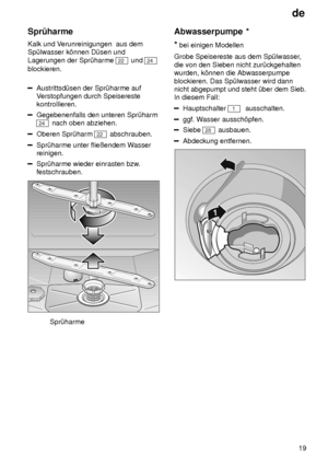 Page 19de19
Spr˜harme Kalk und V
erunreinigungen  aus dem
Sp˜lwasser k’nnen D˜sen und Lagerungen der Spr˜harme 
22  und 24
blockieren.
Austrittsd˜sen der Spr˜harme auf V erstopfungen durch Speisereste
kontrollieren.
Gegebenenfalls den unteren Spr˜harm
24  nach oben abziehen.
Oberen Spr˜harm 22 abschrauben.
Spr˜harme unter flieûendem W asser
reinigen.
Spr˜harme wieder einrasten bzw .
festschrauben.
Spr˜harme Abwasserpumpe
 *
*  bei einigen Modellen
Grobe Speisereste aus dem Sp˜lwasser ,
die von den Sieben nicht...