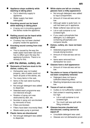 Page 29en29
Appliance stops suddenly while washing is taking place
Cut in electricity supply to appliance.
Water supply has been
interrupted.
Knocking sound can be heard while washing is taking place
A spray arm is knocking against the dishes inside the appliance.
Rattling sound can be heard while washing is taking place
Crockery has not been stacked properly inside the appliance.
Knocking sound coming from inlet valves
This is caused by the way the water pipes have been laid and it has no ef fect upon the way...