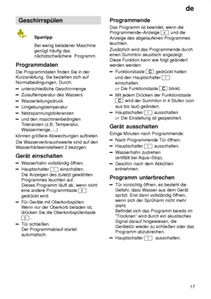 Page 17de17
Geschirrsp˜len
Spartipp Bei wenig beladener Maschine
gen˜gt h‚ufig das n‚chstschw‚chere  Programm.
Programmdaten Die Programmdaten finden Sie in der Kurzanleitung. Sie beziehen sich auf Normalbedingungen. Durch:
unterschiedliche Geschirrmenge
Zulauftemperatur des W assers
Wasserleitungsdruck
Umgebungstemperatur
Netzspannungstoleranzen
und den maschinenbedingten Toleranzen (z.B. T emperatur,
W assermenge, ...)
k’nnen gr’ûere Abweichungen auftreten. Die W asserverbrauchswerte sind auf den
W...