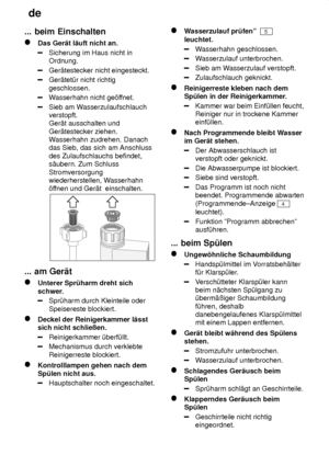 Page 20de
20
...
 beim Einschalten
Das  Ger‚t l‚uft nicht an.
Sicherung im Haus nicht in Ordnung.
Ger‚testecker nicht eingesteckt.
Ger‚tet˜r nicht richtig geschlossen.
Wasserhahn nicht ge’f fnet.
Sieb am Wasserzulaufschlauch
verstopft.  Ger‚t ausschalten und Ger‚testecker ziehen. W asserhahn zudrehen. Danach
das Sieb, das sich am Anschluss des Zulaufschlauchs befindet, s‚ubern. Zum Schluss Stromversorgung wiederherstellen, W asserhahn
’f fnen und Ger‚t  einschalten.
...  am Ger‚t
Unterer  Spr˜harm dreht sich...