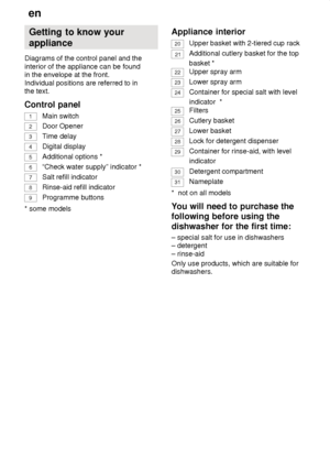 Page 6en
6 Getting
 to know your
appliance
Diagrams  of the control panel and the
interior of the appliance can be found in the envelope at the front.
Individual positions are referred to in
the text. Control  panel
1
Main  switch
2
Door Opener
3 Time delay
4
Digital display
5
Additional options *
6 “Check water supply” indicator *
7Salt refill indicator
8
Rinse-aid refill indicator
9
Programme buttons
* some models Appliance
 interior
20Upper basket with 2-tiered cup rack
21Additional cutlery basket for the...