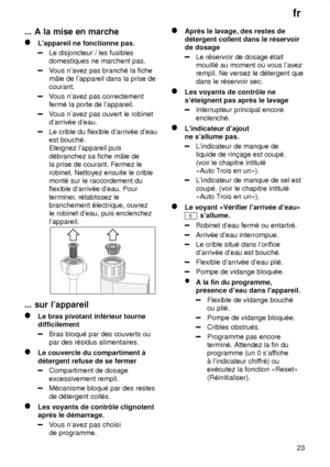 Page 23fr23
...
 A la mise en marche
Lappareil  ne fonctionne pas.
Le disjoncteur / les fusibles domestiques ne marchent pas.
Vous navez pas branch‡ la fiche
 courant.
V ous navez pas correctement
ferm‡ la porte de lappareil.
V ous navez pas ouvert le robinet
darriv‡e deau.
Le crible du flexible darriv‡e deau est bouch‡.Eteignez lappareil puis  la prise de courant. Fermez le robinet. Nettoyez ensuite le crible mont‡ sur le raccordement duflexible darriv‡e deau. Pour terminer , r‡tablissez le
branchement...