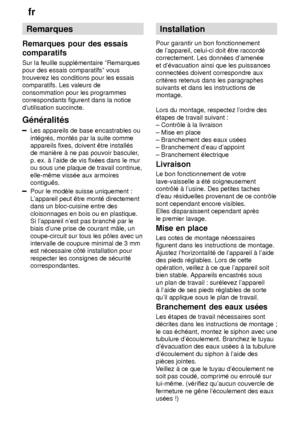 Page 26fr
26 Remarques
Remarques  pour des essais
comparatifs Sur  la feuille suppl‡mentaire ºRemarques
pour des essais comparatifsº vous trouverez les conditions pour les essais comparatifs. Les valeurs de consommation pour les programmes correspondants figurent dans la notice dutilisation succincte. G‡n‡ralit‡s
Les appareils de base encastrables ou int‡gr‡s, mont‡s par la suite comme appareils fixes, doivent ˆtre install‡sde maniŠre ƒ ne pas pouvoir basculer ,
p. ex. ƒ laide de vis fix‡es dans le murou sous...