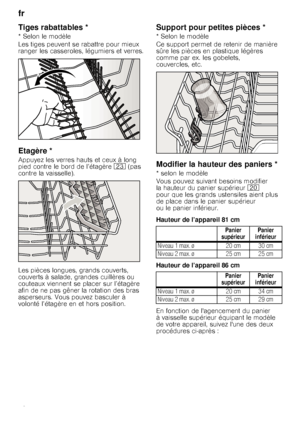 Page 12fr 
12
Tiges rabattables *
* Selon le modèle 
Les tiges peuvent se rabattre pour mieux  
ranger les casseroles, légumiers et verres.
Etagère *
Appuyez les verres hauts et ceux à long 
pied contre le bord de l’étagère1: (pas 
contre la vaisselle). 
Les pièces longues, grands couverts,  
couverts à salade, grandes cuillères ou 
couteaux viennent se placer sur l’étagère 
afin de ne pas gêner la rotation des bras 
asperseurs. Vous pouvez basculer à 
volonté l’étagère en et hors position.
Support pour petites...