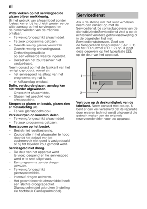 Page 24nl 
24
Witte vlekken op het serviesgoed/de  
glazen blijven melkkleurig. 
Bij het gebruik van afwasmiddel zonder  
fosfaat kan er bij hard leidingwater eerder  
witte aanslag op het serviesgoed en 
de binnenwanden van de machine  
ontstaan.  
– Te weinig/ongeschikt afwasmiddel. 
– Te zwak programma gekozen.
– Geen/te weinig glansspoelmiddel. 
– Geen/te weinig onthardingszout. 
– Onthardingsinstallatie 
op een verkeerde waarde ingesteld.
– Deksel van het zoutreservoir niet  vastgedraaid.
Neem contact op...