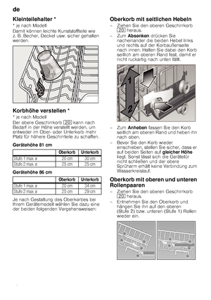 Page 12de 
12
Kleinteilehalter *
* je nach Modell 
Damit können leichte Kunststoffteile wie  
z. B. Becher, Deckel usw. sicher gehalten 
werden.
Korbhöhe verstellen *
* je nach Modell 
Der obere Geschirrkorb 1 kann nach 
Bedarf in der Höhe verstellt werden, um  
entweder im Ober- oder Unterkorb mehr  
Platz für höhere Geschirrteile zu schaffen. 
Gerätehöhe 81 cm 
Gerätehöhe 86 cm 
Je nach Gestaltung des Oberkorbes bei  
Ihrem Gerätemodell wählen Sie dazu eine 
der beiden folgenden Vorgehensweisen:
Oberkorb mit...