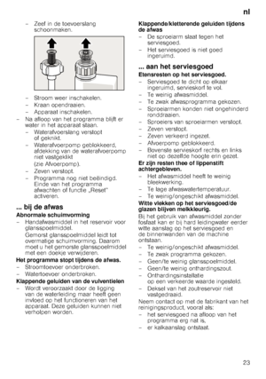 Page 23nl
23
–Zeef indetoevoerslang 
schoonmaken. 
– Stroom weer inschakelen.  
– Kraan opendraaien. 
– Apparaat inschakelen.
– Na afloop van het programma blijft er  water in het apparaat staan. 
– Waterafvoerslang verstopt  of geknikt.
– Waterafvoerpomp geblokkeerd,  afdekking van de waterafvoerpomp  
niet vastgeklikt  
(zie Afvoerpomp).
–Zeven verstopt. 
– Programma nog niet beëindigd.  Einde van het programma  
afwachten of functie „Reset” 
activeren.
... bij de afwas
Abnormale schuimvorming 
–...