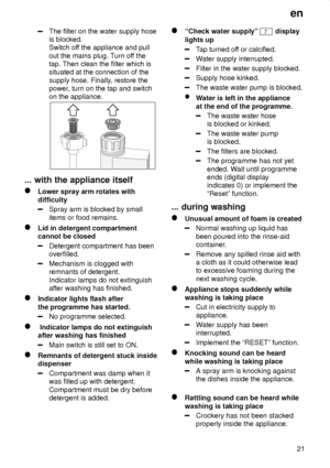 Page 21en21
The filter on the water supply hose is blocked.Switch of f the appliance and pull
out the mains plug. T urn off the
tap. Then clean the filter which issituated at the connection of the supply hose. Finally , restore the
power , turn on the tap and switch
on the appliance.
...  with the appliance itself
Lower  spray arm rotates with
difficulty
Spray arm is blocked by small items or food remains.
Lid in detergent compartment cannot be closed
Detergent compartment has been overfilled.
Mechanism is...