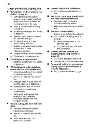 Page 22en
22
...
 with the dishes, cutlery , etc.
Remnants of food are stuck to the
dishes, cutlery , etc.
Dishwasher was not loaded properly. Jets of water could not
reach all parts of the dishes, etc.
T oo many items in the rack.
Items in the rack were touching each other .
Not enough detergent was added to dispenser .
Selected wash programme was not intensive enough.
Rotation of spray arm was obstructed by dish, etc.
Nozzles in spray arm are blocked by remnants of food.
Filters are blocked.
Filters have been...