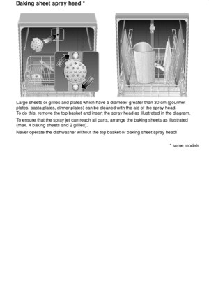 Page 27Large sheets or grilles and plates which have a diameter greater than 30 cm (gourmet
plates, pasta plates, dinner plates) can be cleaned with the aid of the spray head. T o do this, remove the top basket and insert the spray head as illustrated in the diagram.
T o ensure that the spray jet can reach all parts, arrange the baking sheets as illustrated
(max. 4 baking sheets and 2 grilles). Never operate the dishwasher without the top basket or baking sheet spray head!
Baking
 sheet spray head *
* some...