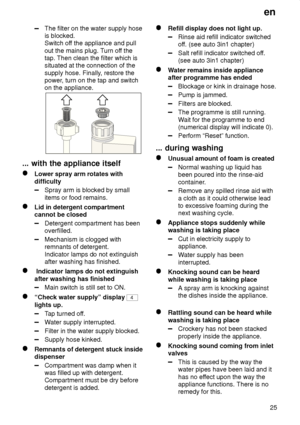 Page 25en25
The filter on the water supply hose is blocked.Switch of f the appliance and pull
out the mains plug. T urn off the
tap. Then clean the filter which issituated at the connection of the supply hose. Finally , restore the
power , turn on the tap and switch
on the appliance.
...  with the appliance itself
Lower  spray arm rotates with
difficulty
Spray arm is blocked by small items or food remains.
Lid in detergent compartment cannot be closed
Detergent compartment has been overfilled.
Mechanism is...