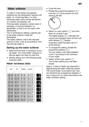 Page 7en7
Water
 softener
In  order to rinse dishes and glasses
satisfactorily , the dishwasher requires soft
water , i.e. containing little or no lime,
otherwise water stains will be left behind on crockery and glasses, etc. If the tap water exceeds a certain level of hardness, it must be softened, i.e.decalcified, so that it can be used in the 
dishwasher. This is achieved by adding a special salt to the water softener inside the dishwasher . 
The water softener , that is the required
amount of salt, is set...