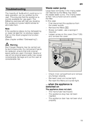 Page 19en19
The majority of  faults which could occur in  
daily operation can be rectified by the 
user. This ensures that the appliance is  
quickly available for use again. The  
following overview will help you locating 
the causes and gives helpful advise to  
eliminate them. 
Note 
If the appliance stops during dishwashing  
or does not start for no obvious reason,  
first run the Abort programme function 
(Reset).  
(See chapter entitled “Dishwashing”)
ã=
Warning
Don’t forget: Repairs may be carried out...