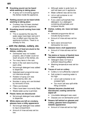 Page 24en
24
Knocking sound can be heard while washing is taking place
A spray arm is knocking against the dishes inside the appliance.
Rattling sound can be heard while washing is taking place
Crockery has not been stacked properly inside the appliance.
Knocking sound coming from inlet valves
This is caused by the way the water pipes have been laid and it has no ef fect upon the way the
appliance functions. There is noremedy for this.
...  with the dishes, cutlery , etc.
Remnants of food are stuck to the...