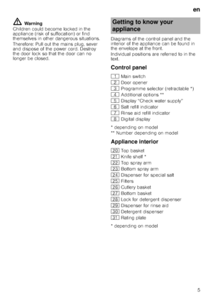 Page 5en5
ã= Warning
Children could become locked in the  
appliance (risk of suffocation) or find 
themselves in other dangerous situations. 
Therefore: Pull out the mains plug, sever  
and dispose of the power cord. Destroy 
the door lock so that the door can no 
longer be closed. Diagrams of the control panel and the 
interior of the appliance can be found in  
the envelope at the front. 
Individual positions are referred to in the  
text.
Control panel
* depending on model 
** Number depending on model...