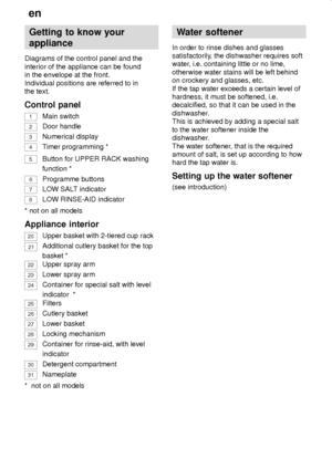 Page 6en
6
Getting to know your
appliance
Diagrams of the control panel and the
interior of the appliance can be found
in the envelope at the front.
Individual positions are referred to in
the text.
Control panel
1Main switch
2Door handle
3Numerical display
4Timer programming *
5Button for UPPER RACK washing
function *
6Programme buttons
7LOW SALT indicator
8LOW RINSE-AID indicator
* not on all models
Appliance interior
20Upper basket with 2-tiered cup rack
21Additional cutlery basket for the top
basket *...