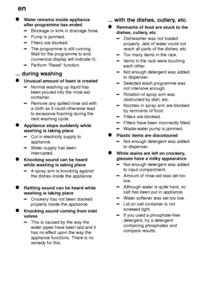 Page 24en
24
W ater remains inside appliance
after programme has ended
Blockage or kink in drainage hose.
Pump is jammed.
Filters are blocked.
The programme is still running. W ait for the programme to end
(numerical display will indicate 0).
Perform ªResetº function.
...  during washing
Unusual  amount of foam is created
Normal washing up liquid has been poured into the rinse-aid
container.
Remove any spilled rinse aid with a cloth as it could otherwise lead to excessive foaming during the next washing cycle....