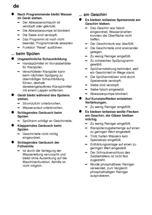 Page 22de
22
Nach Programmende bleibt W asser
im Ger‚t stehen.
Der Abwasserschlauch ist verstopft oder geknickt.
Die Abwasserpumpe ist blockiert.
Die Siebe sind verstopft.
Das Programm ist noch nicht beendet. Programmende abwarten
Funktion ºResetº ausf˜hren.
...  beim Sp˜len
Ungew’hnliche  Schaumbildung
Handsp˜lmittel im V orratsbeh‚lter
f˜r Klarsp˜ler .
Versch˜tteter Klarsp˜ler kann
beim n‚chsten Sp˜lgang zu ˜berm‚ûiger Schaumbildung f˜hren, deshalb danebengelaufenes Klarsp˜lmittelmit einem Lappen entfernen....