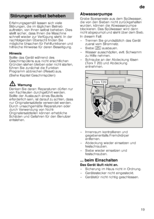 Page 19de19
Erfahrungsgemäß lassen sich viele  
Störungen, die im täglichen Betrieb 
auftreten, von Ihnen selbst beheben. Dies  
stellt sicher, dass Ihnen die Maschine  
schnell wieder zur Verfügung steht. In der 
nachfolgenden Übersicht finden Sie  
mögliche Ursachen für Fehlfunktionen und  
hilfreiche Hinweise für deren Beseitigung. 
Hinweis 
Sollte das Gerät während des  
Geschirrspülens aus nicht ersichtlichen  
Gründen stehen bleiben oder nicht starten, 
führen Sie zunächst die Funktion  
Programm...