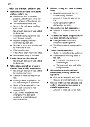 Page 24en
24
...
 with the dishes, cutlery , etc.
Remnants of food are stuck to the
dishes, cutlery , etc.
Dishwasher was not loaded properly. Jets of water could not
reach all parts of the dishes, etc.
T oo many items in the rack.
Items in the rack were touching each other .
Not enough detergent was added to dispenser .
Selected wash programme was not intensive enough.
Rotation of spray arm was obstructed by dish, etc.
Nozzles in spray arm are blocked by remnants of food.
Filters are blocked.
Filters have been...