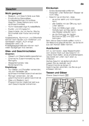 Page 9de9
Nicht geeignet 
– Besteck- und Geschirrteile aus Holz.  
– Empfindliche Dekorgläser, 
kunstgewerbliches und antikes  
Geschirr. Diese Dekore sind nicht 
spülmaschinenfest.
– Nicht hitzebeständige Kunststoffteile. 
– Kupfer- und Zinngeschirr. 
– Geschirrteile, die mit Asche, Wachs,  Schmierfett oder Farbe verunreinigt  
sind.
Aufglasdekore, Aluminium- und Silberteile 
können beim Spülen zum Verfärben und  
Verblassen neigen. Auch einige  
Glassorten (wie z. B. 
Kristallglasgegenstände) können nach...