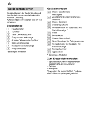 Page 6de
6 Ger‚t
 kennen lernen
Die  Abbildungen der Bedienblende und
des Ger‚teinnenraumes befinden sich vorne im Umschlag. Auf die einzelnen Positionen wird im T ext
verwiesen. Bedienblende
1
Hauptschalter
2
T˜r’ffner
3
T aste Oberkorbsp˜len *
4
Programmende±Anzeige
5 Anzeige ªW asserzulauf pr˜fenº
6
Salznachf˜llanzeige
7
Klarsp˜lernachf˜llanzeige
8
Programmtasten
* bei einigen Modellen Ger‚teinnenraum
20Oberer Geschirrkorb mit Etagere
21Zus‚tzlicher Besteckkorb f˜r den Oberkorb *
22Oberer Spr˜harm
23Unterer...