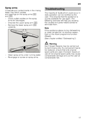 Page 17en17
Spray arms 
Limescale and contaminants in the rinsing  
water may block nozzles  
and bearings on the spray arms 
12 
and 1:.
– Check outlet nozzles on the spray  arms for blockages.
– Unscrew the upper spray arm  12.
– Remove the lower spray arm  1: 
upwards.
– Clean spray arms under running water. 
– Re-engage or screw on spray arms. The majority of  faults which could occur in  
daily operation can be rectified by the  
user. This ensures that the appliance is 
quickly available for use again....