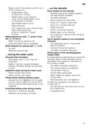 Page 21en21
– Water is left in the appliance at the end 
of the programme. 
– Waste water hose 
is blocked or kinked.
– Waste water pump blocked,  cover on the waste water pump  
is not locked in position  
(see Waste water pump).
–Fi lters blocked.
– The programme has not yet ended.  Wait until programme  
ends or implement “Reset”  
function.
Refill indicator for salt  X and/or rinse-
aid  `  is not lit.
– Refill indicator/s switched off. 
– Adequate salt/rinse-aid available. 
Refill indicator for special...