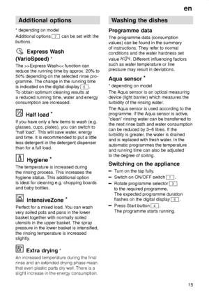 Page 15en15
Additional
 options
* depending  on model
Additional options 
7 can be set with the
buttons.
Express  Wash
(VarioSpeed) *
The  >>Express W ash