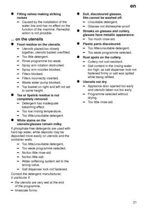 Page 21en21
Filling valves making striking noises
Caused by the installation of the water line and has no ef fect on the
function of the machine. Remedial action is not possible.
...  on the utensils
Food  residue on the utensils.
Utensils placed too closely together , utensils basket overfilled.
Too little detergent.
Rinse programme too weak.
Spray arm rotation obstructed.
Spray arm nozzles blocked.
Filters blocked.
Filters incorrectly inserted.
W aste water pump blocked.
Top basket on right and left not set...