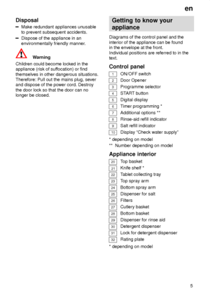 Page 5en5
Disposal
Make redundant appliances unusable to prevent subsequent accidents.
Dispose of the appliance in an environmentally friendly manner
.
Warning
Children could become locked in the appliance (risk of suf focation) or find
themselves in other dangerous situations.Therefore: Pull out the mains plug, severand dispose of the power cord. Destroy the door lock so that the door can no longer be closed. Getting
 to know your
appliance
Diagrams  of the control panel and the
interior of the appliance can...