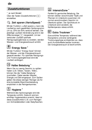 Page 16de
16 Zusatzfunktionen
*  je nach Modell ber die T asten Zusatzfunktionen 
9
einstellbar.
Zeit sparen (V arioSpeed) *
Mit  der Funktion >>Zeit sparen