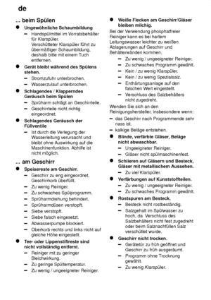 Page 24de
24
...
 beim Sp˜len
Ungew’hnliche  Schaumbildung
Handsp˜lmittel im V orratsbeh‚lter
f˜r Klarsp˜ler .
V ersch˜tteter Klarsp˜ler f˜hrt zu
˜berm‚ûiger Schaumbildung, deshalb bitte mit einem T uch
entfernen.
Ger‚t bleibt w‚hrend des Sp˜lens stehen.
Stromzufuhr unterbrochen.
W asserzulauf unterbrochen.
Schlagendes / Klapperndes Ger‚usch beim Sp˜len
Spr˜harm schl‚gt an Geschirrteile.
Geschirrteile nicht richtig eingeordnet.
Schlagendes Ger‚usch der F˜llventile
Ist durch die V erlegung der
W asserleitung...