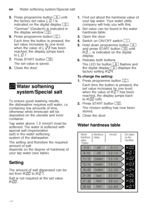 Page 10enWater softening system/Special salt
10
5.
Press programme button  # until 
the factory set value  p:‹‚  is 
indicated on the digital display  8.  
“German” (Deutsch) is indicated in  
the display window  )2.
6. Press programme button 3.
Each time the button is pressed, the  
set value increases by one level;  
when the value of p:ƒ„  has been 
reached, the display jumps back  
to p:‹‚  
7. Press START button ). 
The set value is saved. 
8. Close the door.
+ Water sof tening 
system/Special salt
Water...