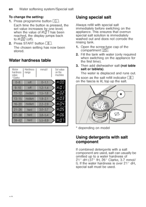 Page 10enWater softening system/Special salt
10
To change the setting: 
1.
Press programme button 3.
Each time the button is pressed, the  
set value increases by one level;  
when the value of  •:‹ˆ  has been 
reached, the display jumps back  
to •:‹‹  (off).
2. Press START button P. 
The chosen setting has now been 
stored.
Water hardness table Using special salt 
Always refill with special salt  
immediately before switching on the  
appliance. This ensures that overrun  
special salt solution is immediately...