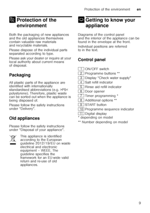 Page 9Protection of the environmenten
9
7 Protection of the 
environment
Protection ofthe environment
Both the packaging of new appliances  
and the old appliances themselves 
contain valuable raw materials  
and recyclable materials. 
Please dispose of the individual parts  
separated according to type. 
Please ask your dealer or inquire at your  
local authority about current means  
of disposal. 
Packaging 
All plastic parts of the appliance are  
identified with internationally  
standardised abbreviations...