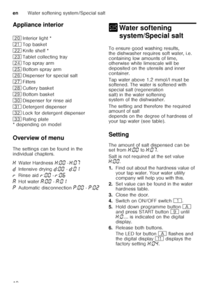 Page 10enWater softening system/Special salt
10
Appliance interior 
* depending on model 
Overview of menu 
The settings can be found in the  
individual chapters.
+
Water softening 
system/Special salt
Water softening system/Special salt
To ensure good washing results,  
the dishwasher requires soft water, i.e. 
containing low amounts of lime,  
otherwise white limescale will be  
depositedontheutensils andinner 
container.   
Tap water above 1.2 mmol/l must be  
softened. The water is softened with  
special...