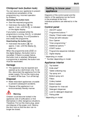 Page 5aus5
Childproof
 lock (button lock)
You  can secure your appliance to prevent
unintentional cancellation of the programme (e.g. incorrect operation by children). Activating the button lock:
Start the required programme.
Hold down the button B  for
approx. 4 sec. until this 
 is indicated
on the digital display .
If any button is pressed while the programme is running, this 
 is indicated
on the digital display . It is not possible to
end (reset) the programme. Deactivating the button lock:
Hold down the...