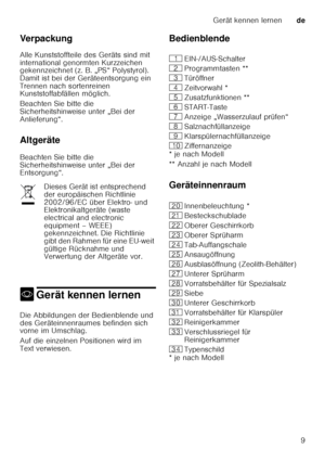 Page 9Gerät kennen lernende
9
Verpackung 
Alle Kunststoffteile des Geräts sind mit  
international genormten Kurzzeichen  
gekennzeichnet (z. B. „PS“ Polystyrol).  
Damit ist bei der Geräteentsorgung ein  
Trennen nach sortenreinen  
Kunststoffabfällen möglich. 
Beachten Sie bitte die  
Sicherheitshinweise unter „Bei der 
Anlieferung“. 
Altgeräte 
Beachten Sie bitte die  
Sicherheitshinweise unter „Bei der  
Entsorgung“. 
*
Gerät kennen lernenGerät kennen lernen
Die Abbildungen der Bedienblende und  
des...