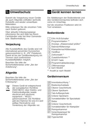 Page 9Umweltschutzde
9
7 UmweltschutzUmweltschutz
Sowohl die Verpackung neuer Geräte  
als auch Altgeräte enthalten wertvolle  
Rohstoffe und wieder verwertbare  
Materialien. 
Bitte entsorgen Sie die einzelnen Teile  
nach Sorten getrennt. 
Über aktuelle Entsorgungswege  
informieren Sie sich bitte bei Ihrem  
Fachhändler oder bei Ihrer Gemeinde- 
bzw. Stadtverwaltung. 
Verpackung 
Alle Kunststoffteile des Geräts sind mit  
international genormten Kurzzeichen  
gekennzeichnet (z. B. „PS“ Polystyrol).  
Damit...