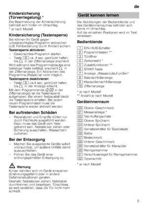 Page 5de5
Kindersicherung  
(Türverriegelung) *
Die Beschreibung der Kindersicherung  
befindet sich hinten im Umschlag. 
* je nach Modell
Kindersicherung (Tastensperre)
Sie können Ihr Gerät gegen  
unbeabsichtigtes Programm abbrechen 
(z.B. Fehlbedienung durch Kinder) sichern. 
Tastensperre aktivieren:
– Gewünschtes Programm starten. 
–Taste  + ca. 4 sec. gedrückt halten, 
bis  ’– in der Ziffernanzeige erscheint.
Wird während des Programmablaufes eine  
beliebige Taste betätigt, erscheint  ’– in 
der...