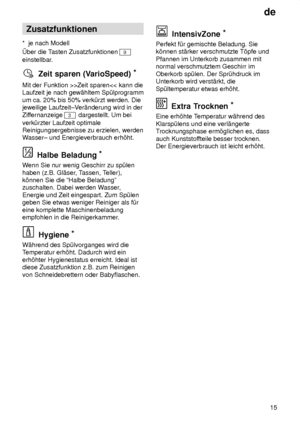 Page 15de15
Zusatzfunktionen
*  je nach Modell ber die T asten Zusatzfunktionen 
9
einstellbar.
Zeit sparen (V arioSpeed) *
Mit  der Funktion >>Zeit sparen