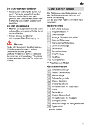 Page 5de5
Bei
 auftretenden Sch‚den
Reparaturen  und Eingriffe d˜rfen nur
durch Fachleute ausgef˜hrt werden. Dazu muss das Ger‚t vom Netz getrennt sein. Netzstecker ziehen oderSicherung ausschalten. W asserhahn
zudrehen.
Bei  der Entsorgung
Machen  Sie ausgediente Ger‚te sofort
unbrauchbar , um sp‚tere Unf‚lle damit
auszuschlieûen.
F˜hren Sie das Ger‚t einer ordnungsgem‚ûen Entsorgung zu.
Warnung
Kinder k’nnten sich im Ger‚t einsperren (Erstickungsgefahr) oder in andere Gefahrensituationen geraten. Deshalb:...